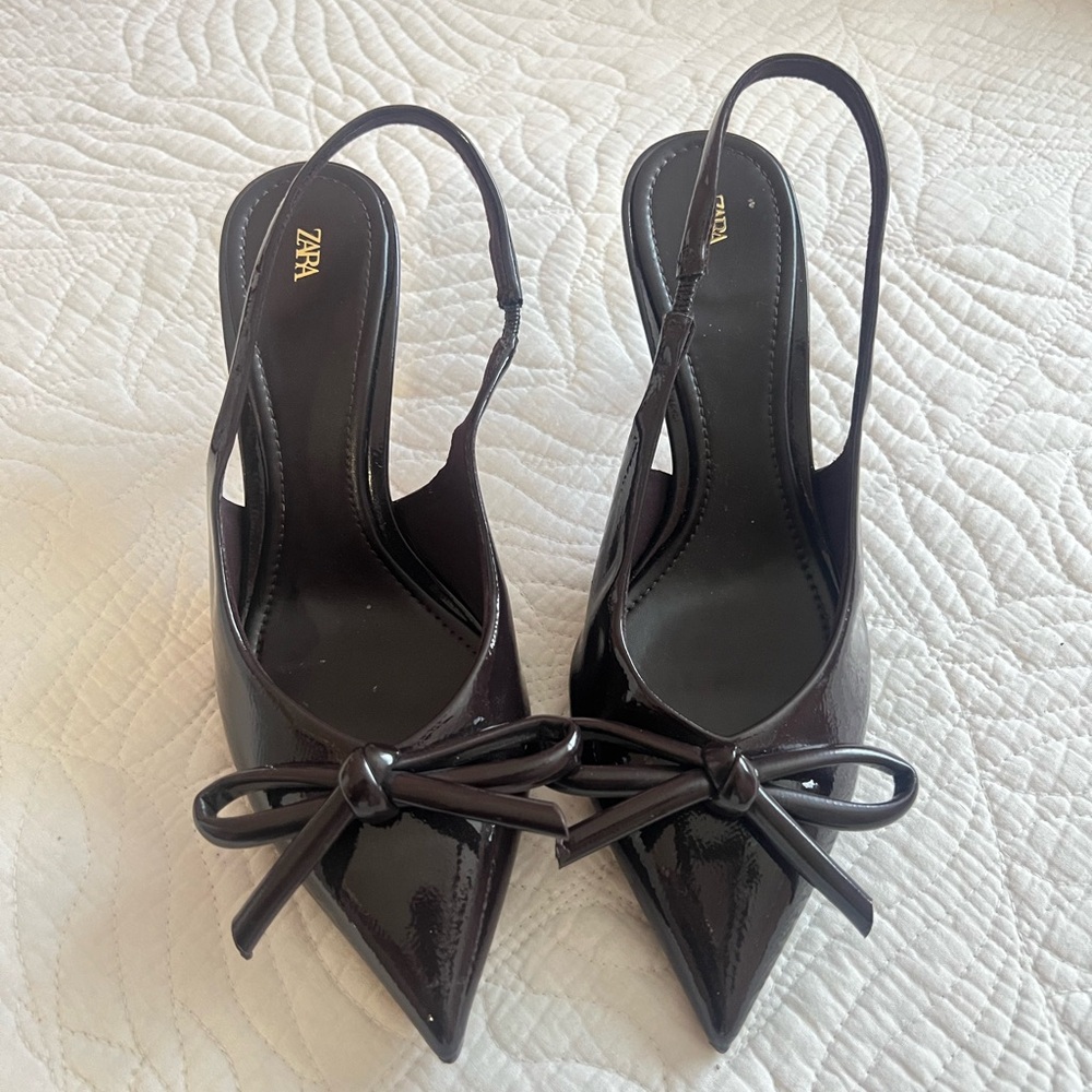 ZARA Dark Brown Patent Pointed-Toe Slingback Pumps with Bow